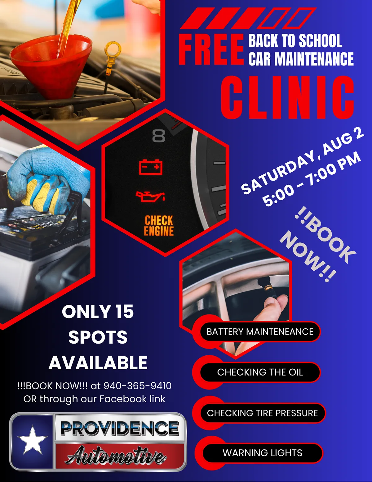 FREE Back to School Car Maintenance Clinic flyer - Saturday, Aug. 2